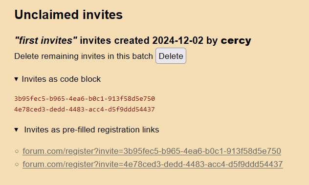 panel showing 2 unclaimed invites for a batch titled ‘first invites’. the invites are displayed as UUID v4 codes