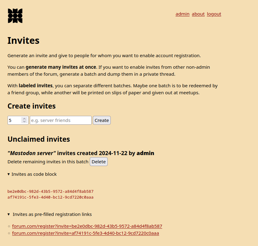 cerca invites panel. it shows a way to create a batch of invites and optionally label them